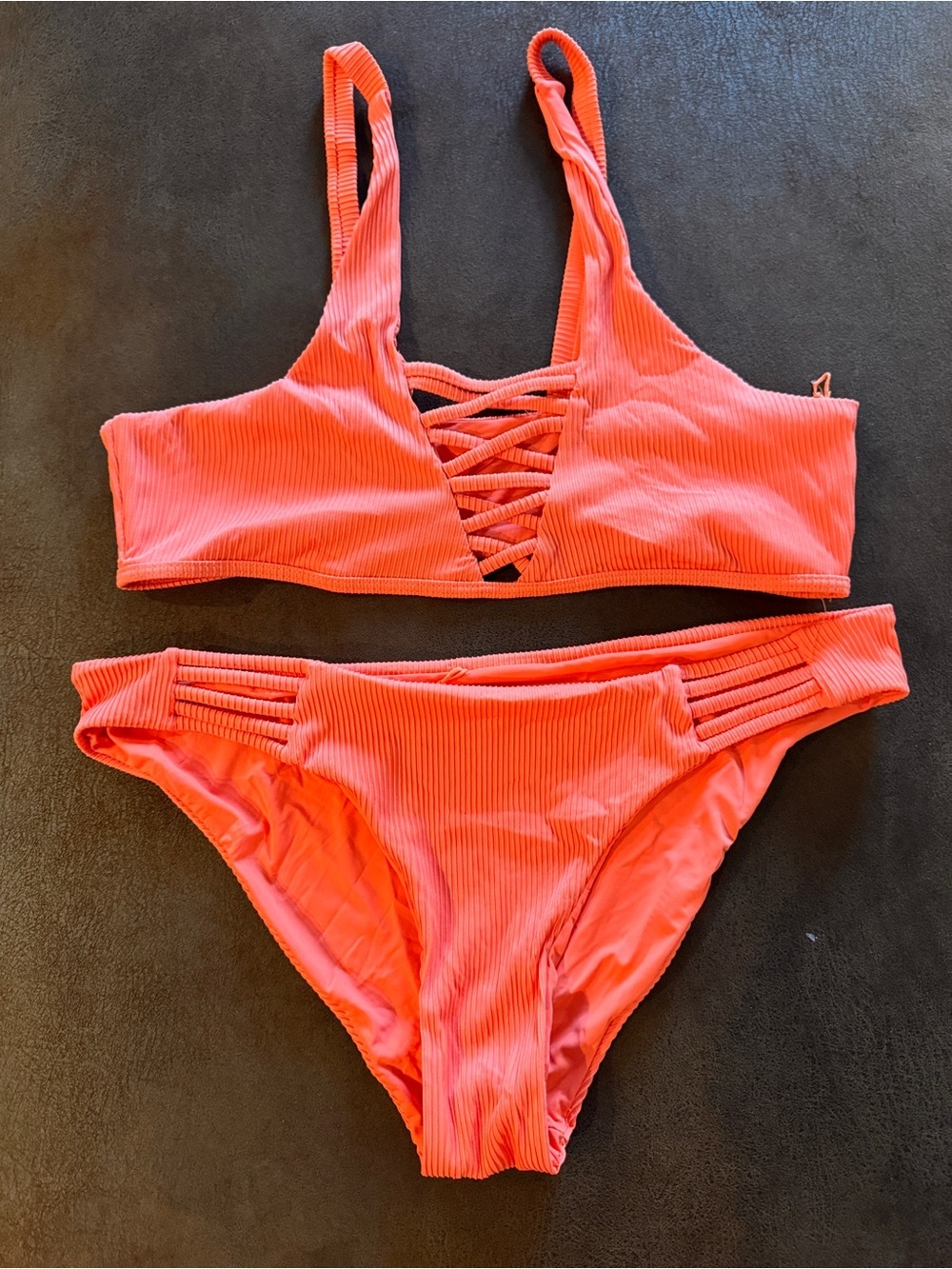 TiniBikini Bright Coral Ribbed Lace-Up Two-Piece